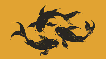 Three stylized black fish swimming in a circular pattern on a golden yellow background, oriental aquatic art, harmony, and balance.