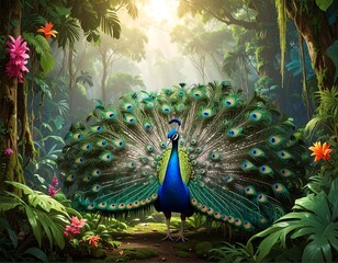 A vibrant peacock displays its plumage in a lush, sun-dappled jungle