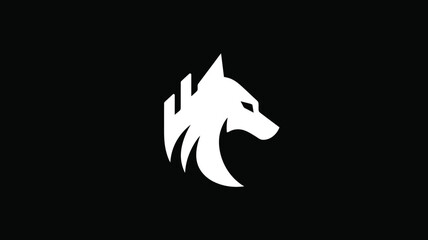 Stylized white wolf head silhouette on black background, modern minimalist logo design, powerful animal icon for branding