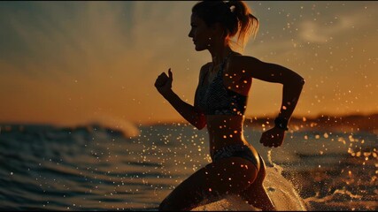 Woman jogging on beach, athletic female silhouette illuminated by sunset, energetic vibe, space for motivational text.