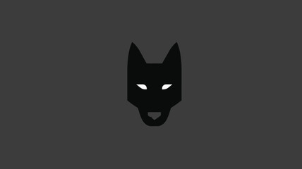 Minimalist black wolf or dog head silhouette with glowing white eyes on a dark grey background. Modern animal icon for graphic design.