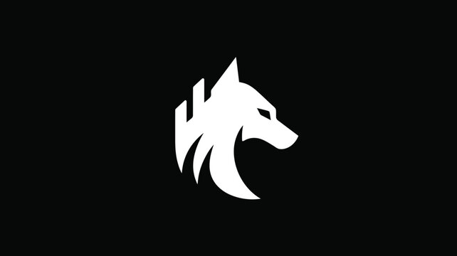 Stylized white wolf head silhouette on black background, modern minimalist logo design, powerful animal icon for branding