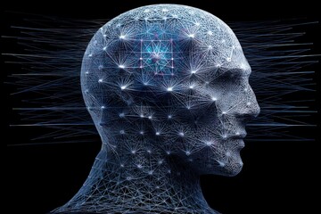 Visual representation of neural connections forming a human head model illustrating complex cognitive patterns and the interplay of technology and consciousness in a digital landscape