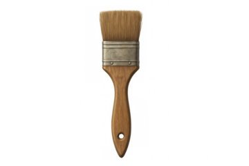 Paintbrush with wooden handle, metal ferrule, and natural bristles, a tool for painting and decorating on transparent background