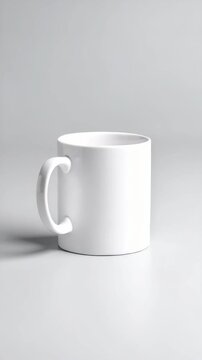 Close-up view of a blank white ceramic mug casting a soft shadow on a light gray gradient background, suitable for branding mockups.