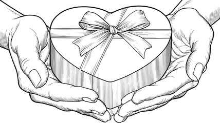 Caring hands offering a heart-shaped gift box adorned with a ribbon bow, symbolizing love, generosity, and thoughtful gestures, hand-drawn vector art.