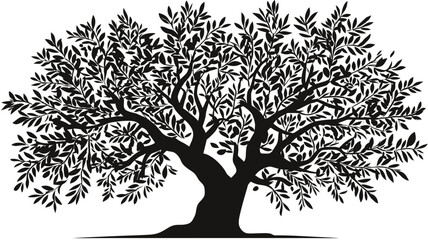 Mediterranean Olive Tree Silhouette Vector Illustration, Detailed Drawing of Organic Plant, Nature and Food Symbol Isolated on White