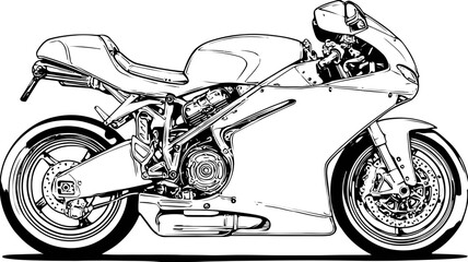 Detailed sport motorcycle line art illustration, high-performance superbike vector drawing, modern motorbike side view sketch