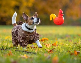 Dog in camouflage suit plays fetch with a red chicken toy in autumn park