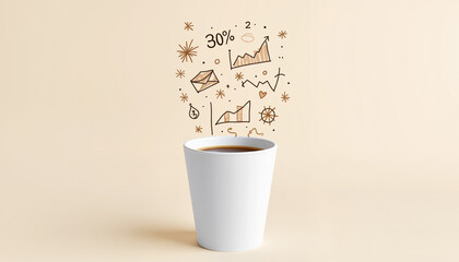 Coffee cup with business graphs and doodles on beige background  