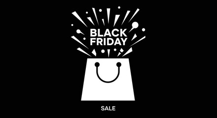 Black Friday sale explosion from white shopping bag vector graphic on black