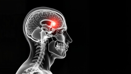 Human skull and brain X-ray illustration with highlighted area  