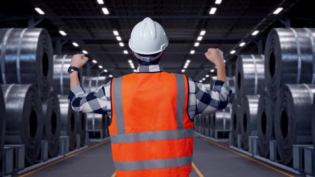 Back View Of A Male Engineer With Safety Helmet Raising His Hands Celebrating While Working with Stacks of Huge Metal Steel Coils