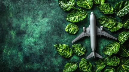 Eco-Friendly Travel, Airplane on Green Leaves, Dark Background