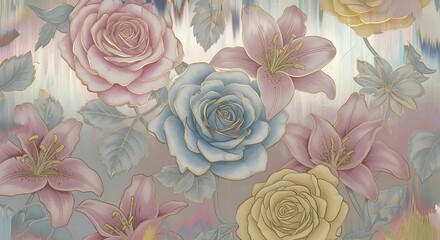 
Elegant Pastel Floral Pattern with Roses and Lilies

Vintage Romantic Wallpaper Background, Soft Watercolor Style Print