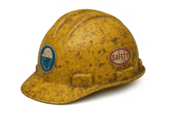 Yellow hard hat with safety symbol and text, showing protection for construction workers and industrial labor