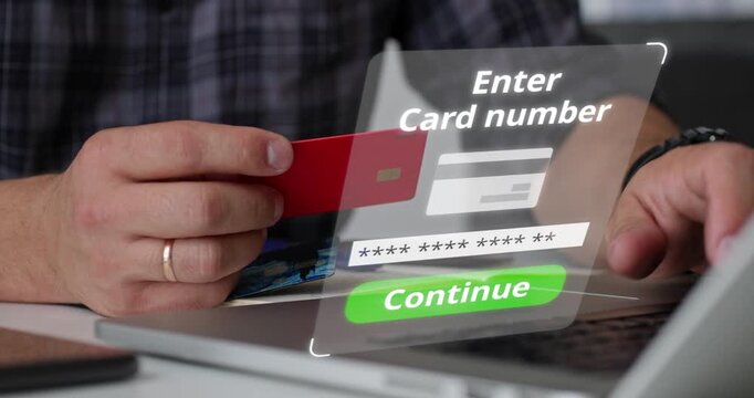 Man making an online transaction using credit card with holographic message Payment Successful. Concept of financial technology, approval, and digital commerce.