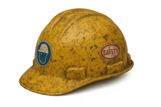 Yellow hard hat with safety symbol and text, showing protection for construction workers and industrial labor