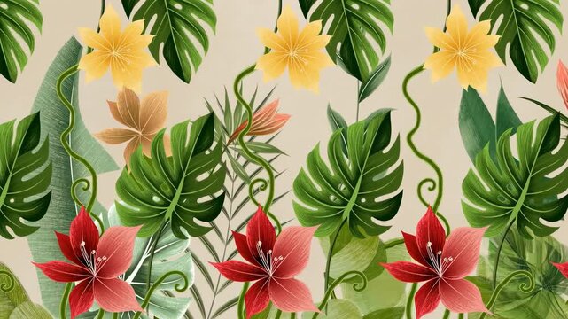 Animated tropical jungle floral pattern background
