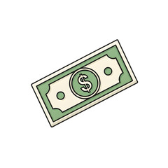 Cartoon illustration of a us dollar bill with a dollar sign in the center isolated on transparent background