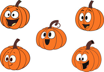 Cute Cartoon Pumpkins Set - Funny Halloween Pumpkin Characters Vector Illustration

