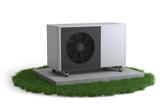 Heat pump unit on grass, isolated on transparent background, 3D illustration