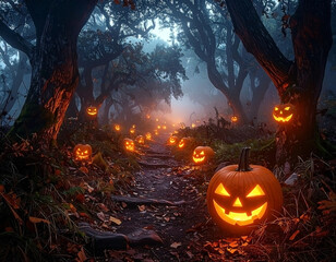 Naklejka premium Foggy path lit by carved pumpkins in spooky autumn woodland scene