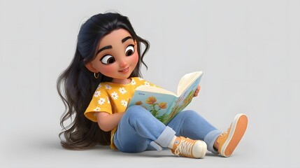 Young girl reading a colorful book with a joyful expression indoors