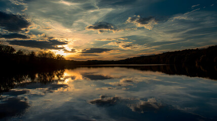 Fototapeta premium Beautiful sunset over calm lake with colorful clouds and reflections, creating a picturesque evening scene