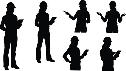 Silhouette vector illustration of construction engineer wearing hard hat using tablet, pointing, gesturing, professional inspection, teamwork, safety, labor, building, industry