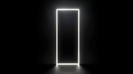 A minimalist professional photo of an empty, rectangular neon light frame glowing brightly on a completely black background. Vibrant, futuristic lighting.