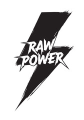 Bold black lightning bolt graphic with the text raw power displayed