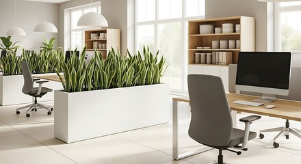 Fototapeta premium Modern Office Interior with Lush Green Plants and Natural Light.