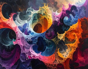 A vibrant abstract composition of swirling colors and organic forms