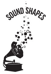 Vintage gramophone emitting musical notes and shapes a striking silhouette