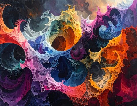 A vibrant abstract composition of swirling colors and organic forms