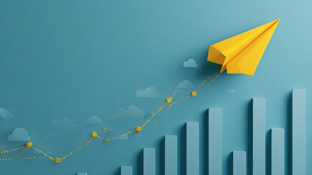 yellow paper airplane soaring above growth chart on teal background