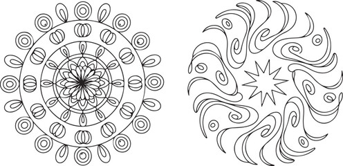Two black line art mandalas on white background circular