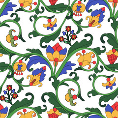 Fototapeta premium Seamless graphic pattern with circular branches, curly leaves, and flowers, inspired by medieval botanical ornaments.