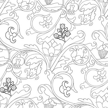 Seamless graphic pattern with circular branches, curly leaves, and flowers, inspired by medieval botanical ornaments.