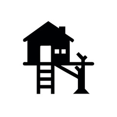 Modern treehouse perched gracefully in tall forest trees Line Art Vector illustration