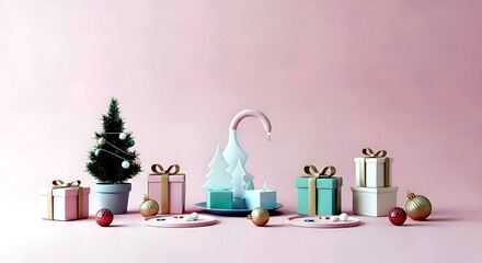 Festive christmas presents and decorations arranged on a pink background with a decorative tree and swan sculpture