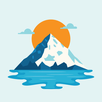 a mountain with mountains and sea with sun in the background natural landscape vector