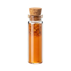 Glass vial filled with amber myrrh liquid and small particles sits against transparent background, showcasing its elegant design and contents