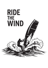 Windsurfing adventure with waves and bold text a striking silhouette