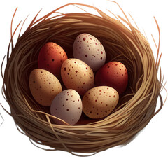 Beautiful nest filled with various speckled eggs creates serene and natural scene, perfect for transparent background