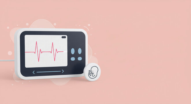 Fetal heart rate monitor displaying a heartbeat, with an embryo icon. Concept of pregnancy healthcare, reproductive medicine, and early fetal development.