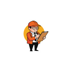 Cartoon engineer character with hard hat taking notes on clipboard