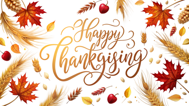 Happy thanksgiving text surrounded by autumn leaves, wheat, and berries, isolated on transparent background