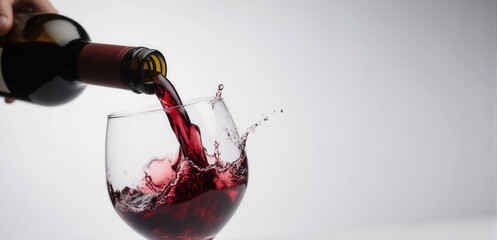 Red wine pouring into a clear glass with elegant flow on a white background